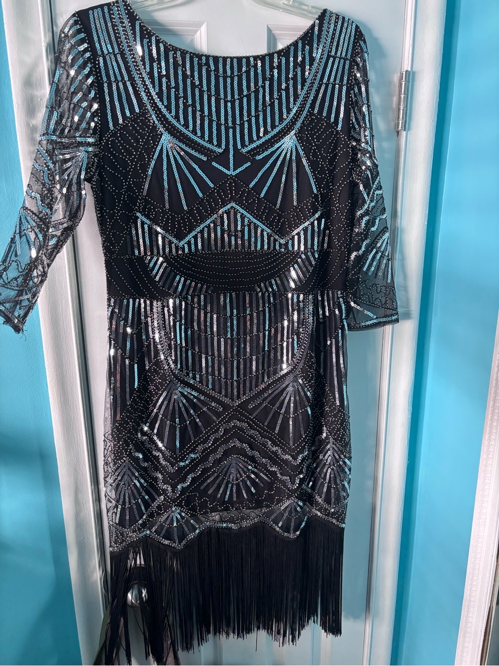 Unique Vintage Black and Silver Art Deco Beaded Fringe Dress